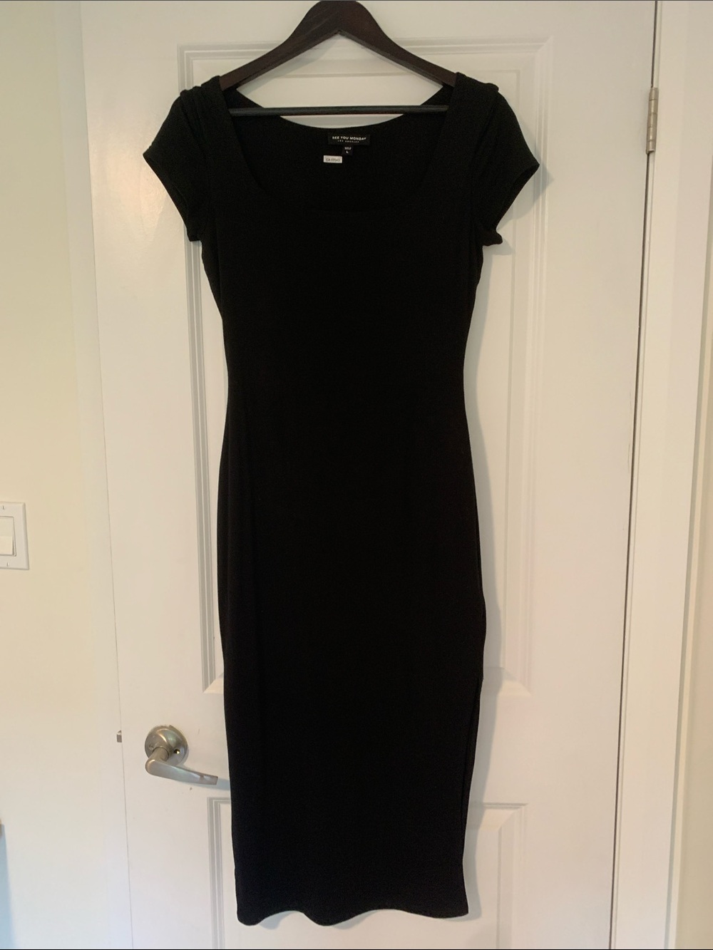 See You Monday black sheath dress with Square-Neck Midi Dress
